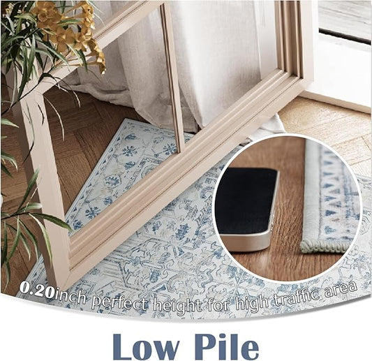 jinchan Runner Rug 2x5 Washable Hallway Runner - Vintage Floral Non Slip Low-Pile Soft Ultra-Thin Kitchen Rug Distressed Carpet for Farmhouse Bedroom Entryway Laundry Room (2x5ft,Blue)