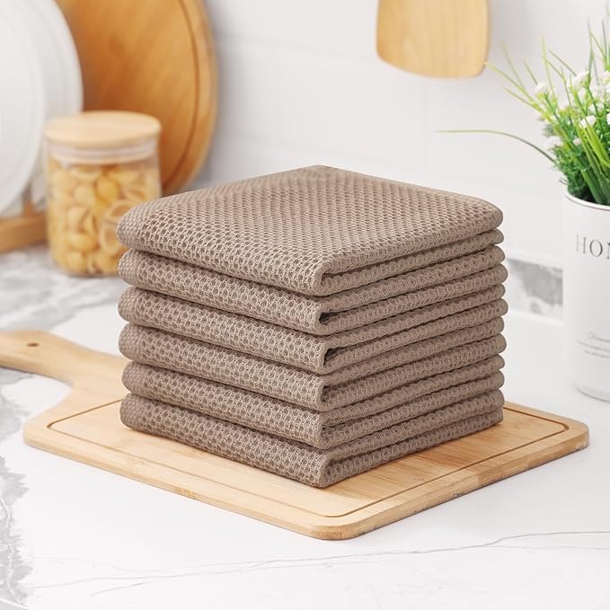 Kitinjoy 100% Cotton Kitchen Dish Cloths, 8 Pack Waffle Weave Ultra Soft Absorbent Towels for Drying Dishes, Quick Drying Kitchen Rags, 12 X 12 Inches, Tan