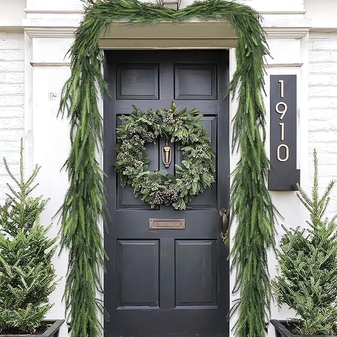 Christmas Decorations - 2PCS Christmas Garlands- 6 Ft Artificial Norfolk Pine Garland - Greenery Home Decor Perfect for Mantle, Fireplace, Stairs Railing, Table, Porch, Door, Indoor & Outdoor Use