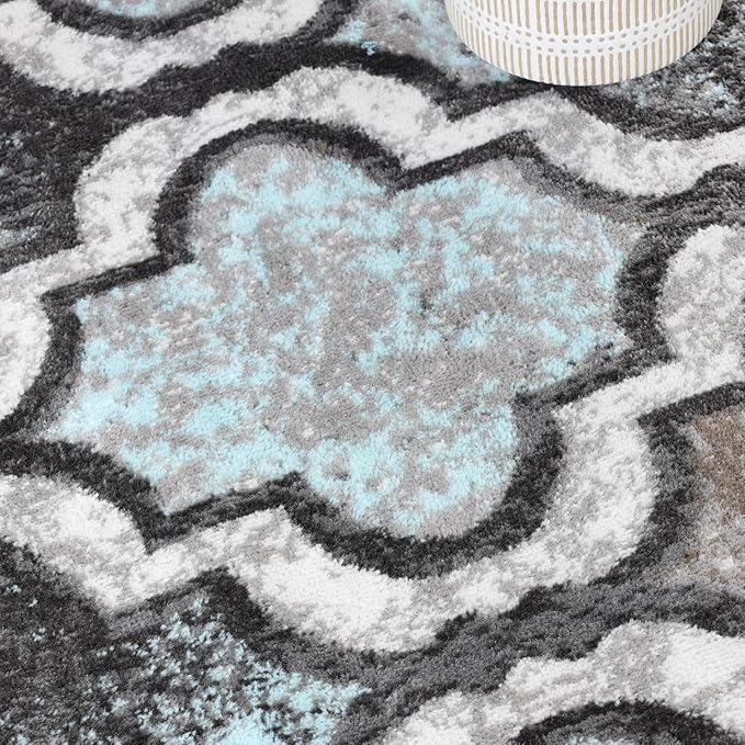 Superior Indoor Area Rug, Jute Backing, Modern Plush Rugs for Hallway, Living, Dining Room, Office, Kitchen, Geometric Trellis Floor Decor, Viking Collection, 8' x 10', Turquoise