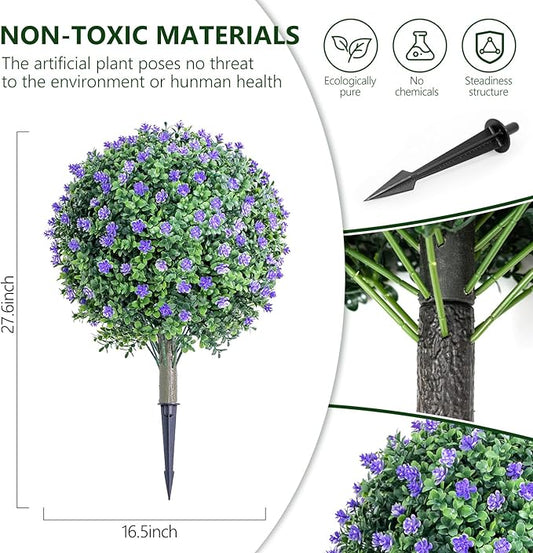 27.6''H Artificial Purple Flower Boxwood Plants Outdoor Set of 2, Realistic Faux Boxwood Topiary Shrubs with Spike, UV Resistant Topiary Ball Large Fake Bushes Plant for Indoor & Outdoor Decor