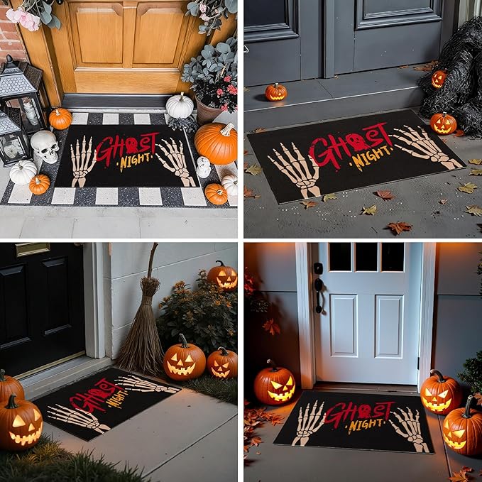 Halloween Door Mat, Halloween Doormat Outdoor Front Door Entrance Absorbent Entry Mat with Non Slip Backing, 24''x36'', Skeleton Black