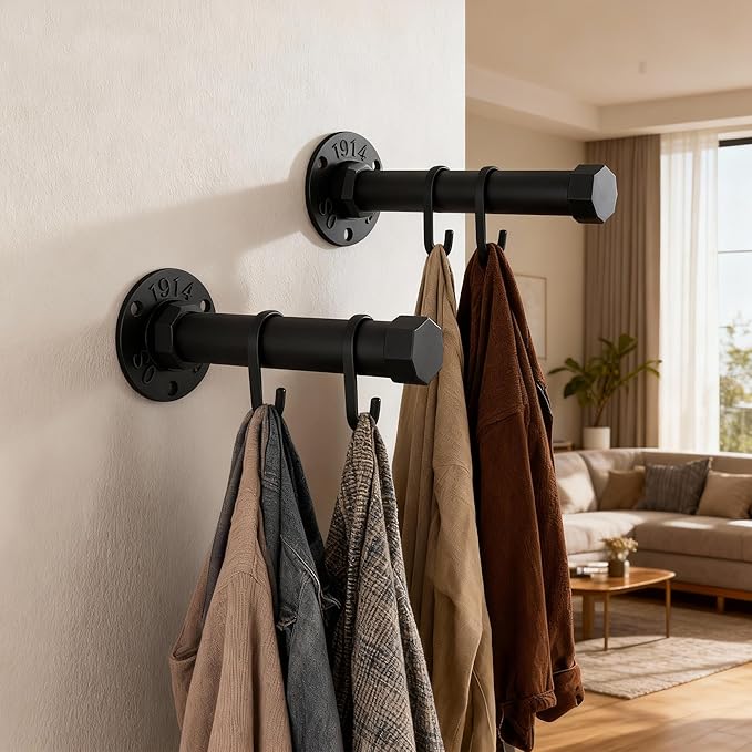 Industrial Pipe Clothes Hanging Rack 8 Inches Heavy Duty Metal Clothing Hanger Rack Wall Mounted Clothes Hanging Bar Small Closet Rods (2 Pack)