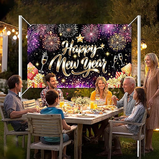 Happy New Year Backdrop Gold Glitter Champagne Glasses Fireworks Gift Boxes Banner 71x43 Inches Sparkling Black Background for 2026 New Year Eve Party Indoor Outdoor Decoration