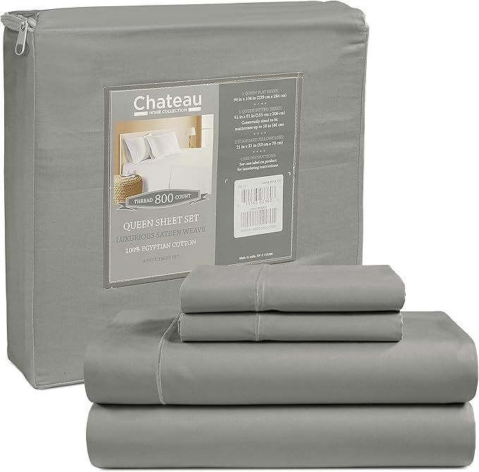 Egyptian Cotton Sheets Full Size Bed Set Deep Pockets, 800 TC Cotton Full Sheet Set, Soft Breathable Sateen Weave Elasticated Sheet & Pillowcase Sets, No Pill & Shrink, Machine Washable - Silver