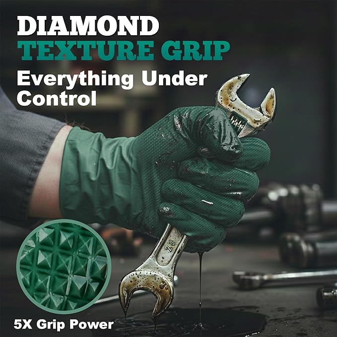 TitanFlex Heavy Duty Industrial Nitrile Gloves with Raised Diamond Texture, 8-mil, Latex Free, Powder Free (Green/Dark Green)