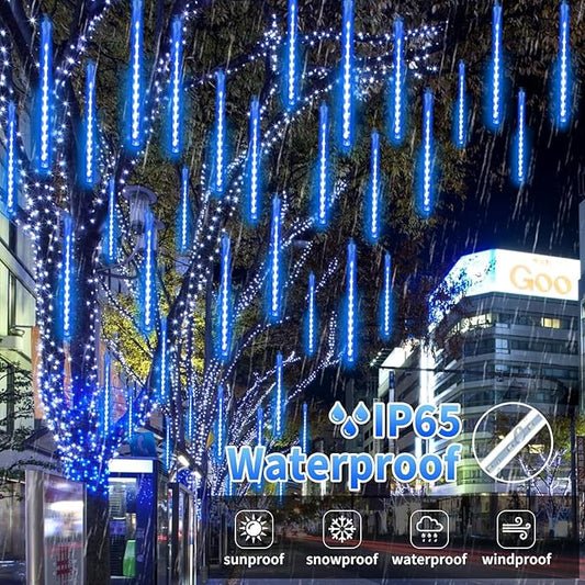 Solar Meteor Shower Lights Outdoor Waterproof, Christmas Lights Solar Powered Decorations, 16 Tubes 384LED Icicle String Light, Falling Raindrop Light for Christmas Xmas Tree Party Garden Decor(Blue)