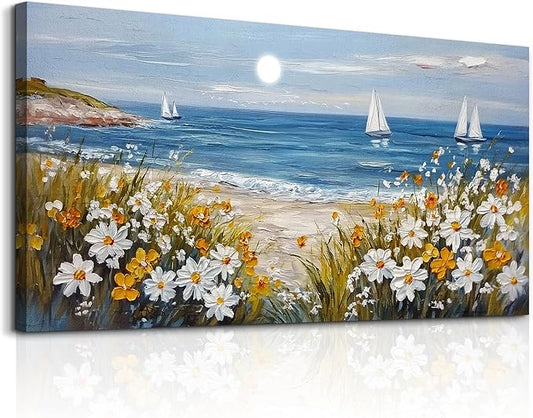 KELIYUAN Wall Art For Dining Room Kitchen Blue Ocean Beach Art Pictures Living Room Decor Vintage Landscape Painting Modern Canvas Print Suitable For Bedroom Office Farmhouse Wall Decor 24x48 In