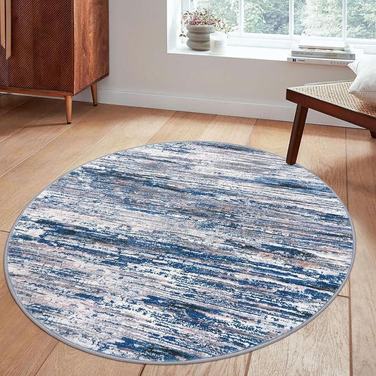 5' Round Rug Washable Rug for Entryway, Navy Blue Gray Neutral Multi Soft Non-Slip Area Rugs Modern Abstract Low-Pile Carpet, Neutral Vintage Circle Rugs for Living Room Dining Bedroom Foyer