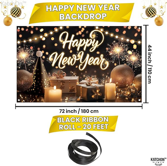 KatchOn, XtraLarge Happy New Year Banner - 72x44 Inch | NYE Backdrop for New Years Eve Party Supplies 2026 | Happy New Year Decorations 2026 | NYE Decorations 2026 | New Years Decorations