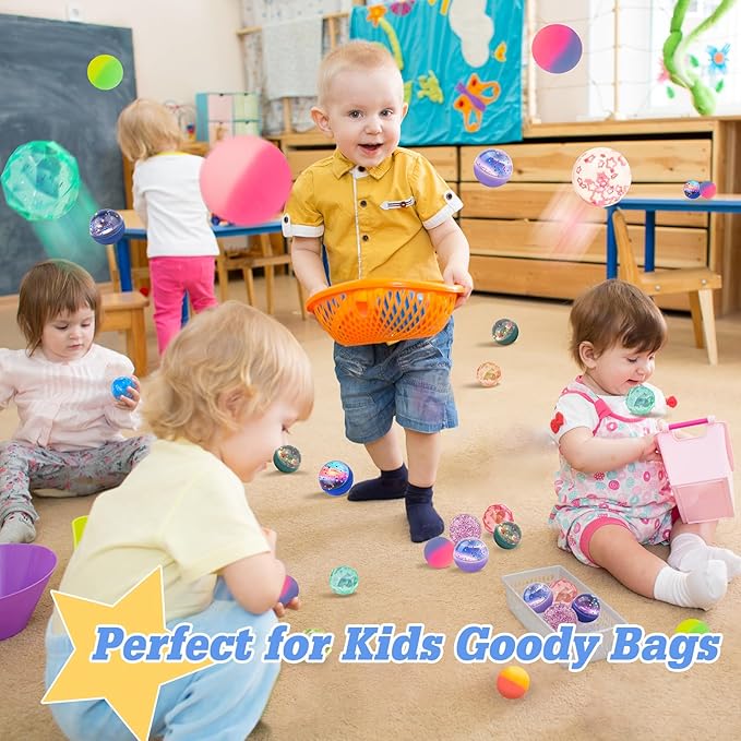 Bouncy Balls for Kids 24 Pieces 7 Styles 32 mm Assorted High Bouncing Balls Toys for Birthday Parties, Party Favors and Gifts Classroom