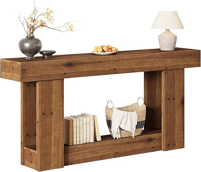 63-Inch Entryway Table, Farmhouse Solid Wood Console Table with U-Shaped Base, 2-Tier Narrow Long Sofa Table Behind The Couch for Living Room, Hallway, Foyer, Entrance, Rustic Brown