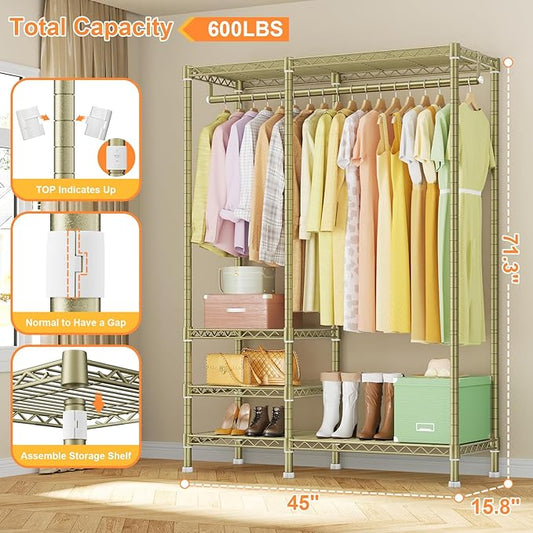 Ulif F4 Heavy Duty Clothes Rack (With Hanger Rod) Freestanding Clothing Racks for Hanging Clothes,Adjustable Closet Organizer System, Portable Garment Rack 45"W x 15.8"D x 71.3"H,Max Load 600LBS, Gold