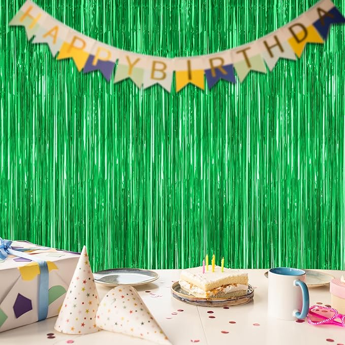 4 Pack Green Streamers, 3.28 FT x 7.05 FT Birthday Tinsel Backdrop, Metallic Foil Fringe Curtains Photo Booth Backdrop, Green Jungle Theme Decorations Birthday Decor