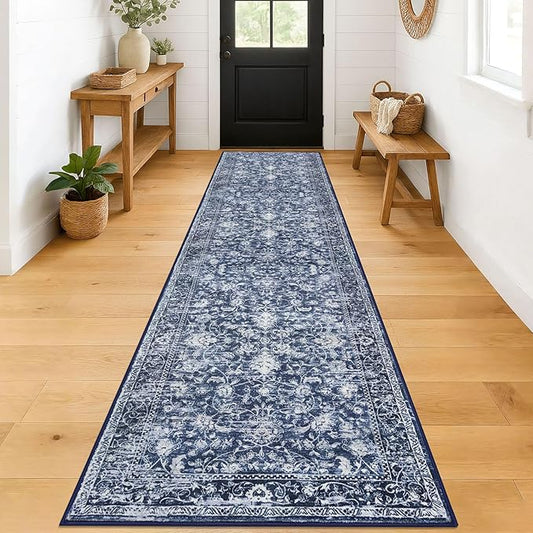 KILOCOCO Runner for Hallway 2.6x12 Runner Rug Printed Vintage Floral Washable Rug Kitchen Runners Soft Non-Slip Low Pile Hallway Runners Laundry Room Distressed Boho Rugs, Blue