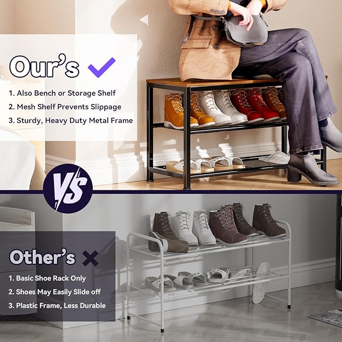 30 Inch Shoe Rack for Closet, 3 Tier Shoe Organizer Storage Bench with Wood Seat & Mesh Shelves, Leveling Feet for Entryway, Rustic Brown