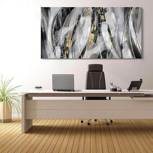KLAKLA Black Wall Art for Living Room - Large Wall Decor Gold White Gray Abstracr Canvas Wall Art - Bedroom Art Painting Picture Artwork for Wall