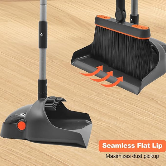 Broom with Dustpan Combo Set, 54'' Extendable Long Handle Broom, 180 Degree Rotating Brush Indoor Upright Standing Dustpan with Comb Teeth, Ideal for Home, Kitchen, Lobby, and Office
