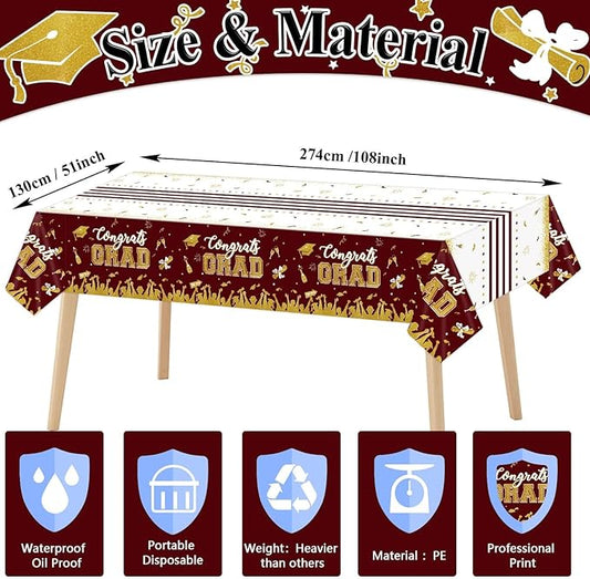 chiazllta Set of 3 Graduation Tablecloths Class of 2025 Congrats Grad Maroon Graduation Party Tablecover Decorations Party Supplies Large Size Plastic 54"x108"(Maroon & Gold)