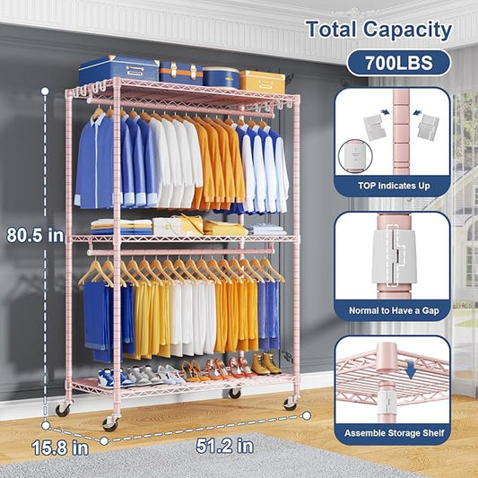 P8 Heavy Duty Clothes Rack(With Extended Width Design) Rolling Clothing Racks for Hanging Clothes,Portable Garment Rack with Lockable Wheels,51.2" W x 15.8" D x 80.5" H,Max Load 700LBS,Pink
