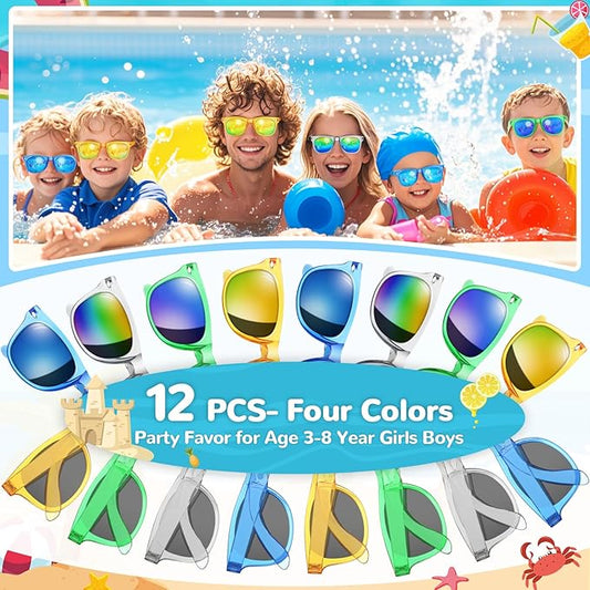 Party Favor Sunglasses for Kids, Boys Girls Age 3-8 Birthday Sunglass with UV 400 Protection, Neon Glasses for Valentines Easter Children Day Gifts, Summer Beach Goodie Bags Stuffers - 12 Packs