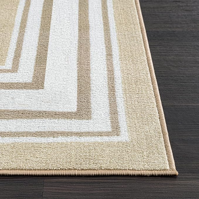 Modern Bordered Non Slip Indoor Runner Rugs for Living Room 2x5 Area Rugs for Kitchen, Rug for Bedroom, and Hallway, Stain Resistant Easy Cleaning Non Shedding Beige 2 x 5