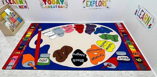 Paint Palette Spanish Rug, 6' x 8'6" Rectangle, Educational Classroom Rug, Kids Learning Play Mat | Area Rug for Bedroom or Playroom