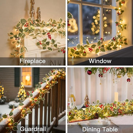 suddus 40 LED Christmas Fairy Lights Battery Powered,12.5ft Vine String Lights with Red Berries & Holly Leaf Timer Remote, Artificial Garlands for Fireplace, Bedroom,Porch,Door,Table,Stairs,Xmas Decor