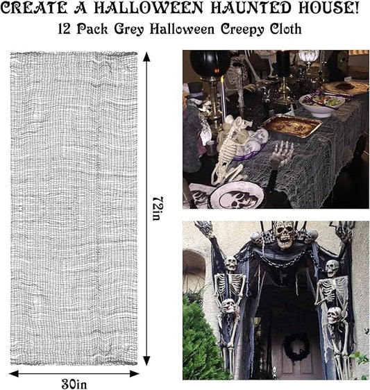 Legigo 12 Pack Grey Halloween Creepy Cloths Cheesecloths, Spooky Black Mesh Fabric Cheese Cloths for Crafts, Scary Gauze Fabric for Party Supplies Home Wall Doorway Outdoor Yard Decor