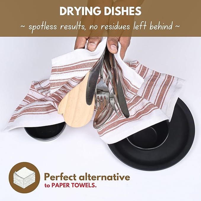 Native Fab Stripe Kitchen Towels - 100% Cotton - 4 Pack - 16"x26" - Striped Tea Towel, Dish Cloths for Drying Dishes, Absorbent, Quick Dry Towels Set with Hanging Loop - Rust