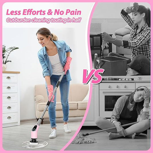 Electric Spin Scrubber, Cordless Cleaning Brush, Shower Scrubber with 8 Replaceable Brush Head, Power Cleaning Brush with Extension Handle, 2 Adjustable Speed, for Bathtub Tile Floor (Pink)