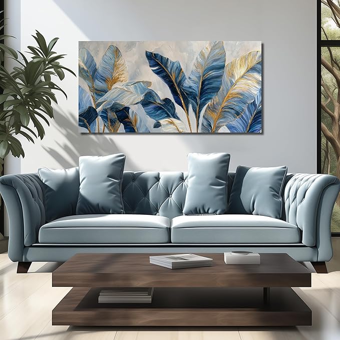 JuhaiArt Gold Banana Leaf Canvas Art for Living Room Bedroom Blue Botanical Picture White Wall Decor 24" x 48"