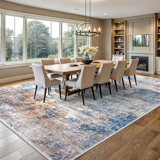 IOHOUZE Abstract Area Rugs 9x12 Ft Washable Large Rugs for Living Room, Non Slip Dining Room Rug, Printed Faux Wool Rugs for Bedroom, Floor Carpet for Office Nursery Playroom, Blue Rust