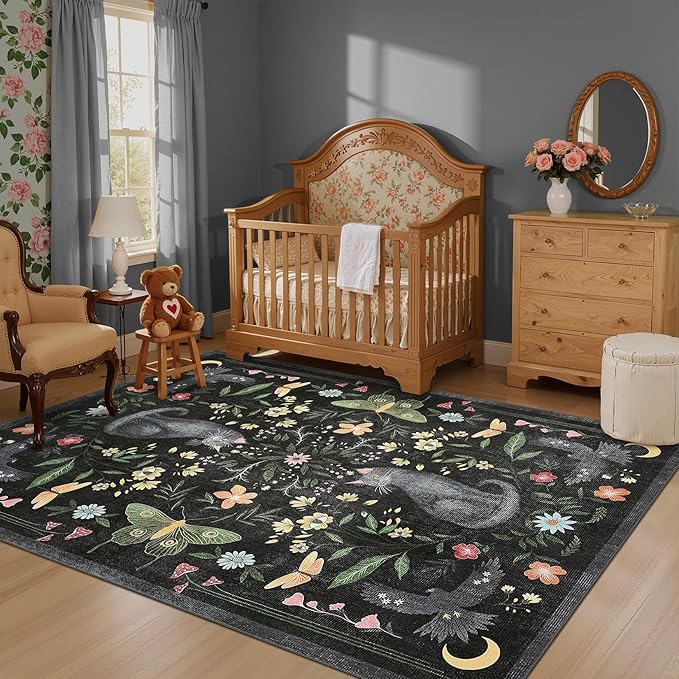 GarveeHome 5x7 Cat Area Rug Black Washable Rugs for Living Room Bedroom, Soft Mushroom Floral Low Pile Non Slip Floor Mat Animal Print Throw Rug Indoor Carpet for Dorm Playroom Gothic Decor