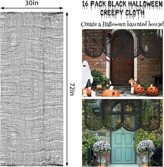 Legigo 16 Pack Balck Halloween Creepy Cloths Cheesecloths, Spooky Black Mesh Fabric Cheese Cloths for Crafts, Scary Gauze Fabric for Party Supplies Home Wall Doorway Outdoor Yard Decor