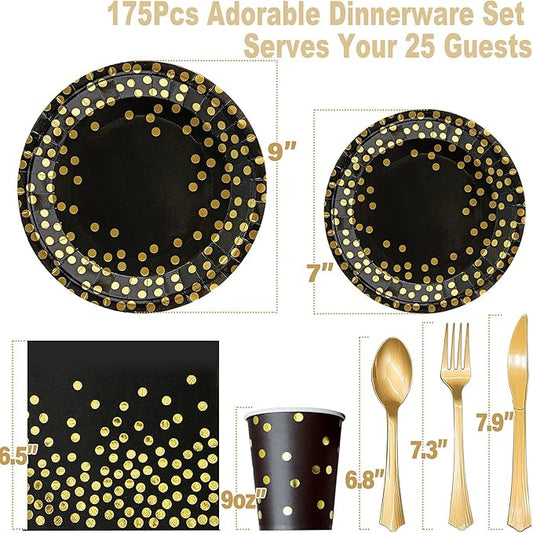 AIRE 175PCS Black and Gold Paper Plates Party Supplies for 25 Guests Disposable Party Decorations Dinnerware Golden Dot Black Paper Plates Napkins Cups Gold Plastic Forks Knives Spoons for Parties