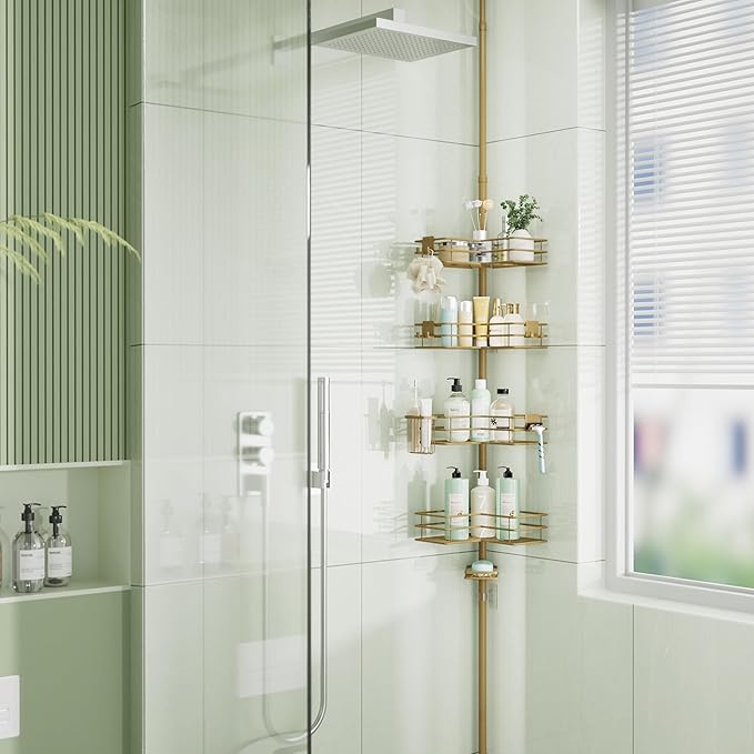 HapiRm Corner Shower Caddy Organizer - Shower Organizer Corner with Soap Holder, Toothbrush Holder and 4 Hooks, Rustproof Bathroom Shelf Tension Pole Available for 27.6 to 108.3 Inch - Gold