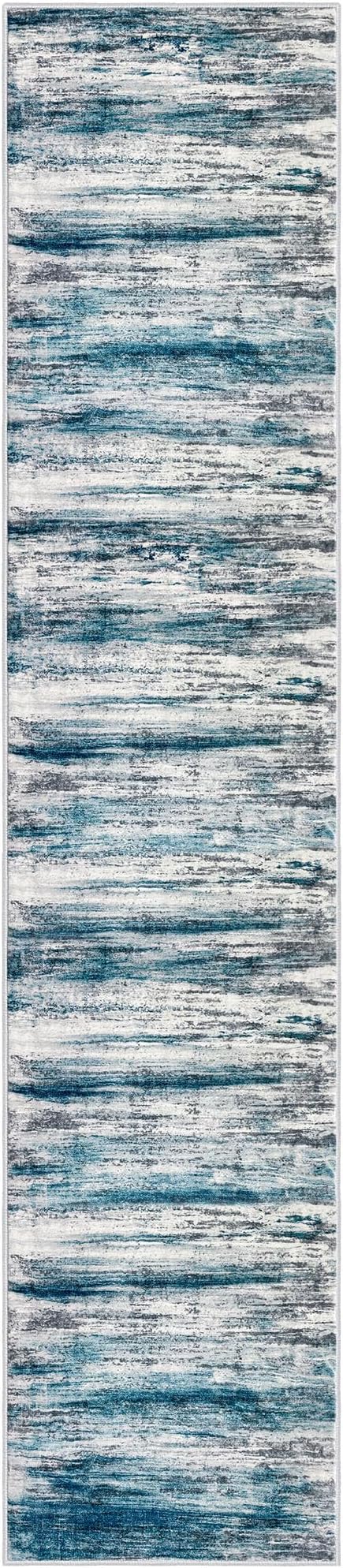 KOZYFLY Modern Abstract Hallway Runner Rug, 2.6x12 Washable Rug Runner Non-Slip Soft Striped Kitchen Runner Rugs, Print Blue Carpet Runner for Entryway Bathroom Laundry Room Foyer