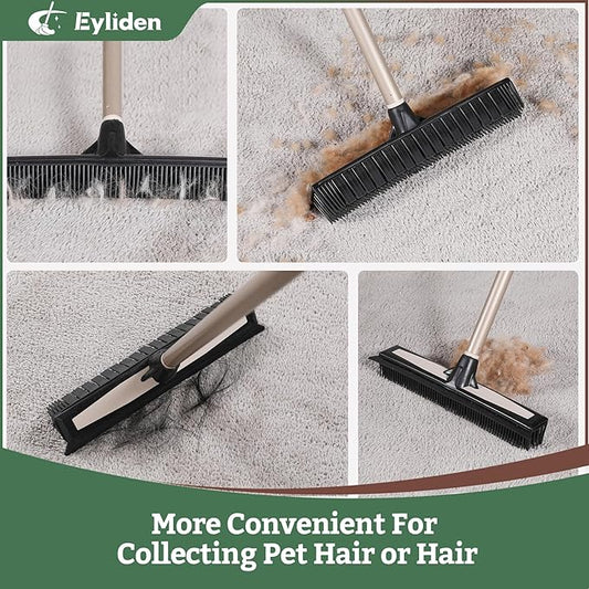 Eyliden Rubber Carpet Rake for Pet Hair, 2-in-1 Push Broom with Squeegee, 54" Telescopic Handle, Fur Water Remover Brush for Carpet, Rug, Hardwood, Tile Floors