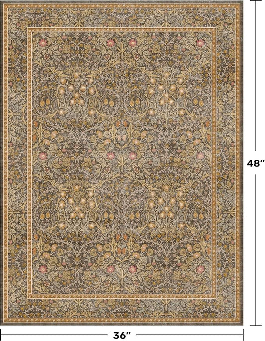 Vintage Gold Brown Entryway Rug, 3x4 Washable Area Rugs for Kitchen, Bathroom, Bedroom, Oriental Low Pile Stain Resistant Non-Slip Small Throw Rug