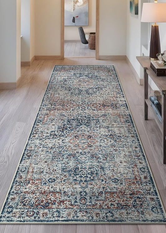 Bloom Rugs Caria Washable Non-Slip 10 ft Runner - Terracotta/Teal Traditional Runner for Entryway, Hallway, Bathroom, and Kitchen - Exact Size: 2'6" x 10'
