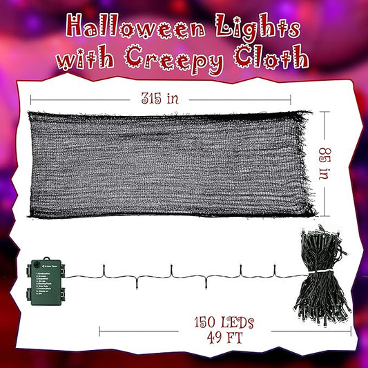 Ollny Halloween Lights 150LED 49FT, Orange and Purple String Lights with Creepy Cloth(315 x 85 in), Battery Operated Fairy Lights with 8 Lighting Modes Timer for Outdoor Party Yard Decor