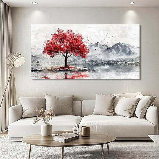 QIYILEXWART Canvas Wall Art For Living Room Large Wall Decor For Office Bedroom Decorations Red Tree Landscape Pictures Farmhouse Painting Artwork Room Wall Mural Aesthetic Home Decor 30x60 In
