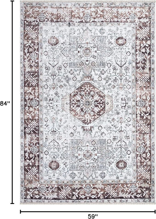 Bloom Rugs Caria Washable Non-Slip 5x7 Rug - Beige/Brown Traditional Area Rug for Living Room, Bedroom, Dining Room, and Kitchen - Exact Size: 5' x 7'