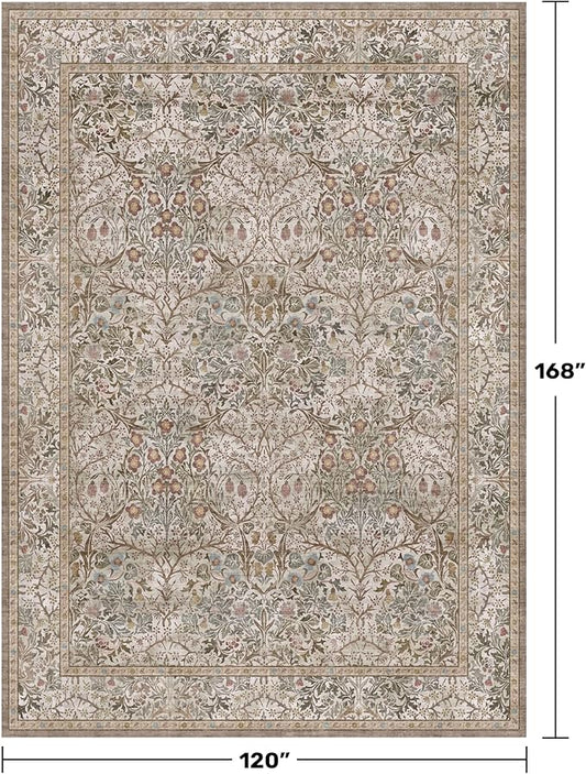 Washable 10x14 Living Room Rug - Moss Green Large Area Rug for Dining Room Under Table, Low Pile Non-Slip Floor Carpet for Bedroom Under Bed - Neutral Taupe Design & Stain Resistance