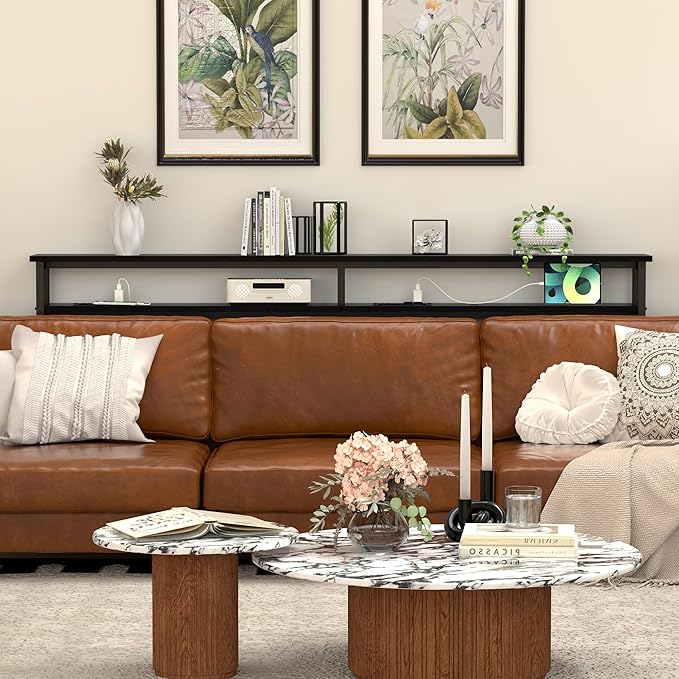 70 Inch Double-Layer Narrow Console Sofa Table with 2 Power Outlets &4 AC Plugs&4 USB Ports, 4.9' Extension Cord Included, Behind Couch Table for Living Room/Office Easy Assembly - Black