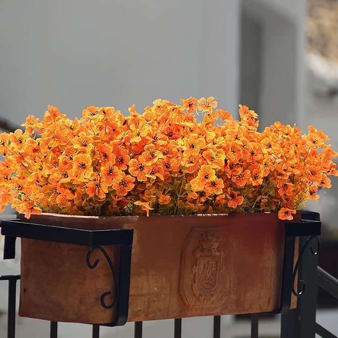 18 Bundles Artificial Mums for Outdoors/Indoors Faux Mums for Outdoor Planters, Eucalyptus Leaves Fall Flowers Artificial for Decoration Boxwood Garden Porch Window Home Wedding(Fall Orange)
