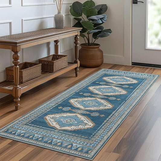 GENIMO 2x10 Washable Runner Rug for Hallway, Vintage Non Slip Low Pile Carpet, Soft Lightweight Printed Rug for Entryway, Kitchen, Corridor & Home Office, Navy/Brick