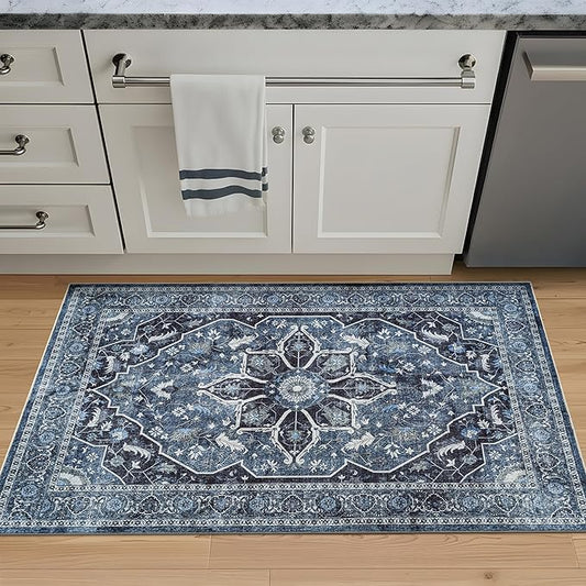 Bloom Rugs Caria Washable Non-Slip 3x5 Rug - Blue/Charcoal Traditional Area Rug for Living Room, Bedroom, Dining Room, and Kitchen - Exact Size: 3' x 5'