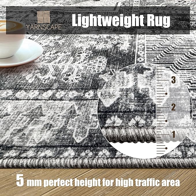 Vintage 8' x 10' Washable Area Rug - Stylish Indoor Rug for Living, Dining or Bedroom - Lightweight Carpet with Non-Slip Backing - Foldable for Easy Placement and Maintenance - Grey